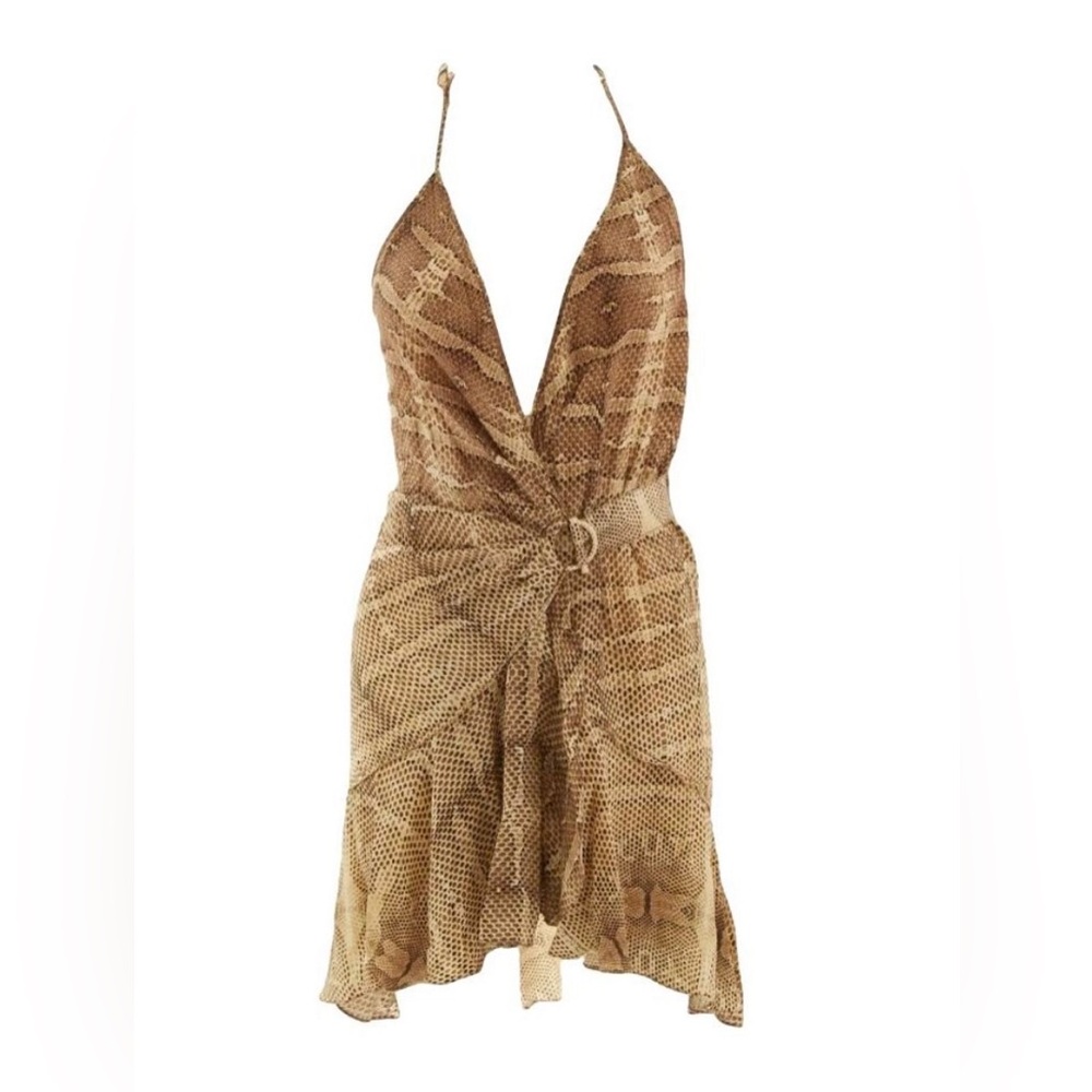 ROBERTO CAVALLI S/S 2007 Vintage Python Snake Silk Ruffle Wrap Mini Dress XS